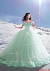 Perfect Off the Shoulder Cap Sleeves Apple Green Quinceanera Dress with Hand Made Flowers