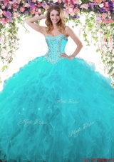 Discount Ball Gown Sweetheart Beaded and Ruffled Teal Quinceanera Dress