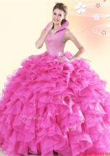 Fashionable Ruffled and Beaded Hot Pink Quinceanera Dress with High Neck