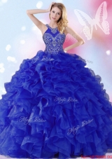 Gorgeous Beaded and Ruffled Royal Blue Quinceanera Dress with Halter Top