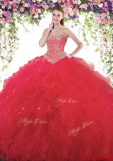 Hot Sale Tulle Red Quinceanera Gown with Beading and Ruffles