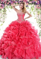 Latest Organza Beaded and Ruffled Quinceanera Gown in Red