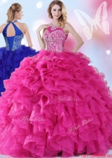 Luxurious Halter Top Beaded and Ruffled Hot Pink Quinceanera Gown