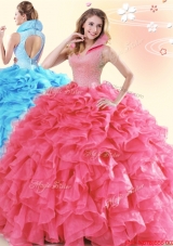 Perfect High Neck Ruffled and Beaded Coral Red Quinceanera Dress in Organza