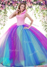 Pretty Really Puffy High Neck Rainbow Quinceanera Dress with Beading