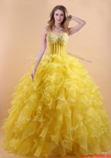 Simple Applique and Ruffled Yellow Quinceanera Gown in Organza