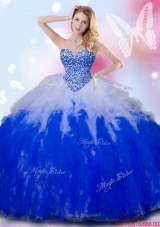 Simple Beaded and Ruffled White and Royal Blue Quinceanera Dress in Tulle