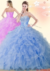 Summer Modest Beaded and Ruffled Organza Blue Quinceanera Dress