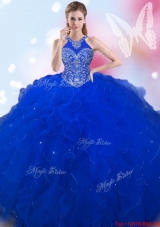Sweet Halter Top Beaded and Ruffled Royal Blue Quinceanera Dress