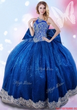 Beautiful Beaded and Bowknot Royal Blue Quinceanera Gown with Halter Top