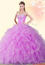 Elegant Beaded and Ruffled Lilac Sweet 15 Dress in Organza