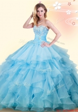 Wonderful Ruffled and Beaded Baby Blue Sweet 16 Dress in Organza
