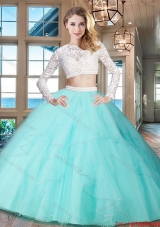 Designer See Through Zipper Up Aqua Blue Quinceanera Dress with Long Sleeves