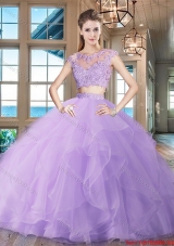 Latest Two Piece Brush Train Ruffled Organza Quinceanera Dress in Lavender