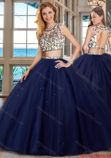 Popular Two Piece Brush Train Beaded Quinceanera Dress in Navy Blue