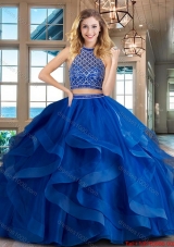 Romantic Halter Top Tulle Brush Train Quinceanera Dress in Royal Blue