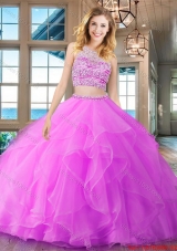 Simple Open Back See Through Scoop Beaded Bodice and Ruffled Quinceanera Gown