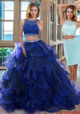 Two Piece Scoop Open Back Royal Blue Detachable Quinceanera Dresses with Beading