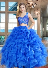 Wonderful Zipper Up Organza Blue Quinceanera Dress with Ruffles and Lace