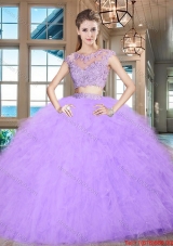 Beautiful Two Piece Ruffled Cap Sleeves Tulle Quinceanera Gown in Lavender