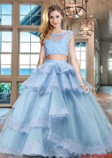 Classical Lacework and Ruffled Layers Light Blue Quinceanera Dress with Cap Sleeves