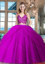 Hot Sale V Neck Fuchsia Quinceanera Dress with Ruffled Layers and Lace