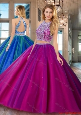 Perfect Really Puffy Brush Train Open Back Fuchsia Quinceanera Dress