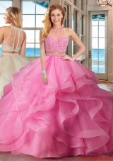 Pretty Two Piece Puffy High Neck Brush Train Baby Pink Quinceanera Dresses with Beading and Ruffles