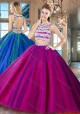 Romantic Two Piece Beaded Bodice Open Back Fuchsia Quinceanera Dress in Tulle