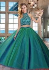 Unique Two Piece Beaded Bodice Backless Quinceanera Dress in Dark Green