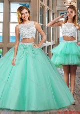 Elegant Puffy Bateau Brush Train Beading and Appliques Detachable Quinceanera Dresses in Apple Green