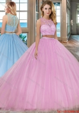 Two Piece Scoop Zipper Up Tulle Pink Quinceanera Dresses with Brush Train
