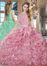 Best Selling Really Puffy Brush Train Organza Pink Quinceanera Dress with Lace
