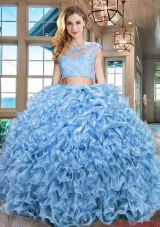 Cheap Two Piece Ruffled and Beaded Zipper Up Quinceanera Gown in Baby Blue