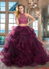 Classical Two Piece Dark Purple Halter Top Ruffled and Beaded Bodice Sweet 16 Dress