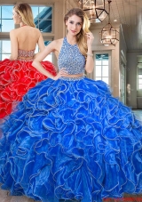 Designer Halter Top Ruffled and Beaded Organza Royal Blue Quinceanera Gown