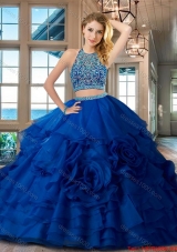 Discount Brush Train Royal Blue Quinceanera Dress with Beading and Ruffles