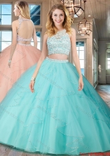 Discount Two Piece See Through Scoop Open Back Aquamarine Quinceanera Dress