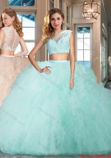 Discount Two Piece Tulle Aquamarine Quinceanera Dress with Ruffles and Appliques