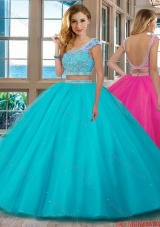 Elegant Puffy Skirt Scoop Cap Sleeves Quinceanera Dress with Ruffles and Beading