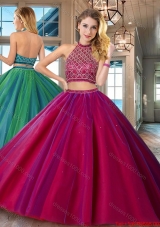 Fashionable Backless Halter Top Fuchsia Quinceanera Dress with Brush Train