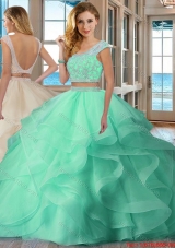 Pretty Puffy Scoop Brush Train Backless Two Piece Quinceanera Dresses with Cap Sleeves