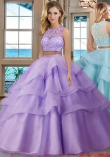 See Through Scoop Brush Train Tulle Aqua Blue Two Piece Quinceanera Dresses with Beading and Appliques