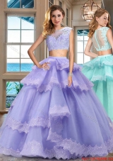 Unique Two Piece Lavender Quinceanera Dress with Lacework and Ruffled Layers