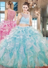 Wonderful See Through Bateau Ruffled and Beaded Quinceanera Dress in Aqua Blue