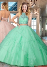 Affordable Two Piece Halter Top Backless Mint Quinceanera Dress in Tulle