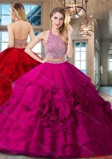 Exclusive Halter Top Brush Train Quinceanera Dress with Ruffles and Beading