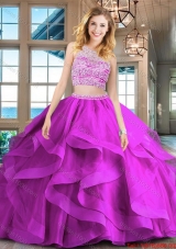 Fashionable Beaded Bodice and Ruffled Brush Train Quinceanera Dress in Fuchsia