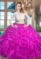 Popular Two Piece Long Sleeves Zipper Up Quinceanera Dress in Fuchsia