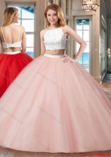 Pretty Ball Gown Straps Tulle Two Piece Backless Quinceanera Dresses White and Pink